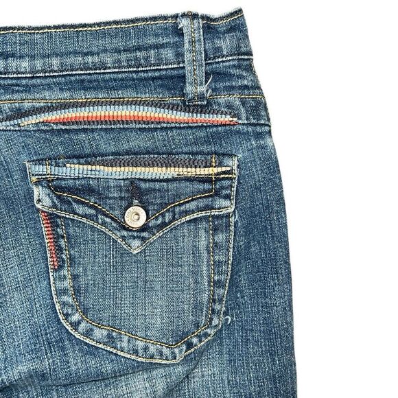 Lena Jeans Blue Denim BOHO Colorful Embroidery W28 Mid Rise Festival Button Flap - Picture 6 of 12